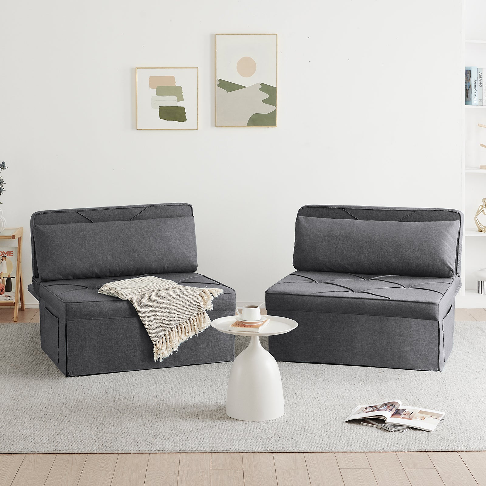 Vonanda Classic Curved Linen Guest Bed Dark Gray Sofa Bed Plus Convertible Chair with Lock-in Feature