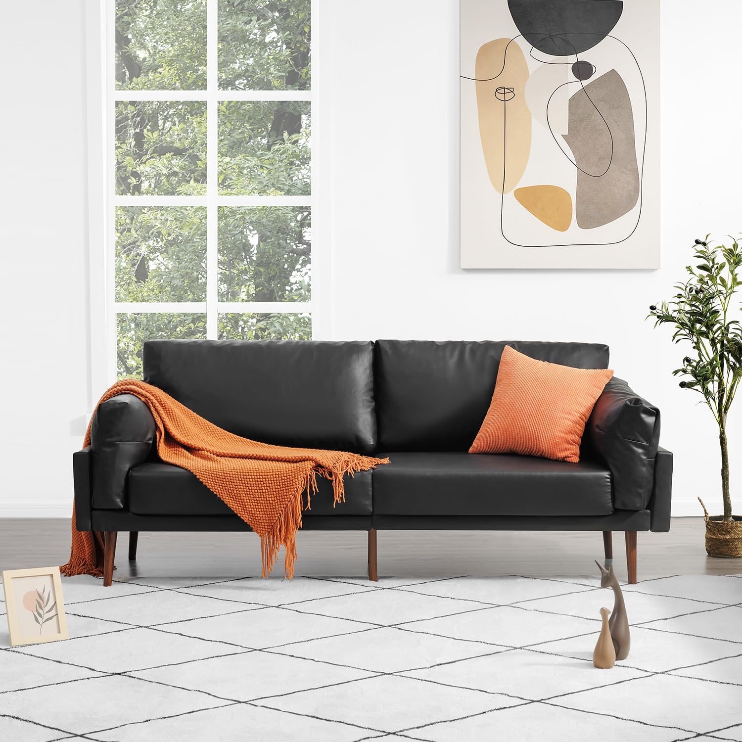  Vonanda Sofá de piel sintética, sofá de mediados de siglo de 74  pulgadas con marco de eucalipto natural y cómodos sofás con cojín de nube  para sala de estar, marrón burdeos 