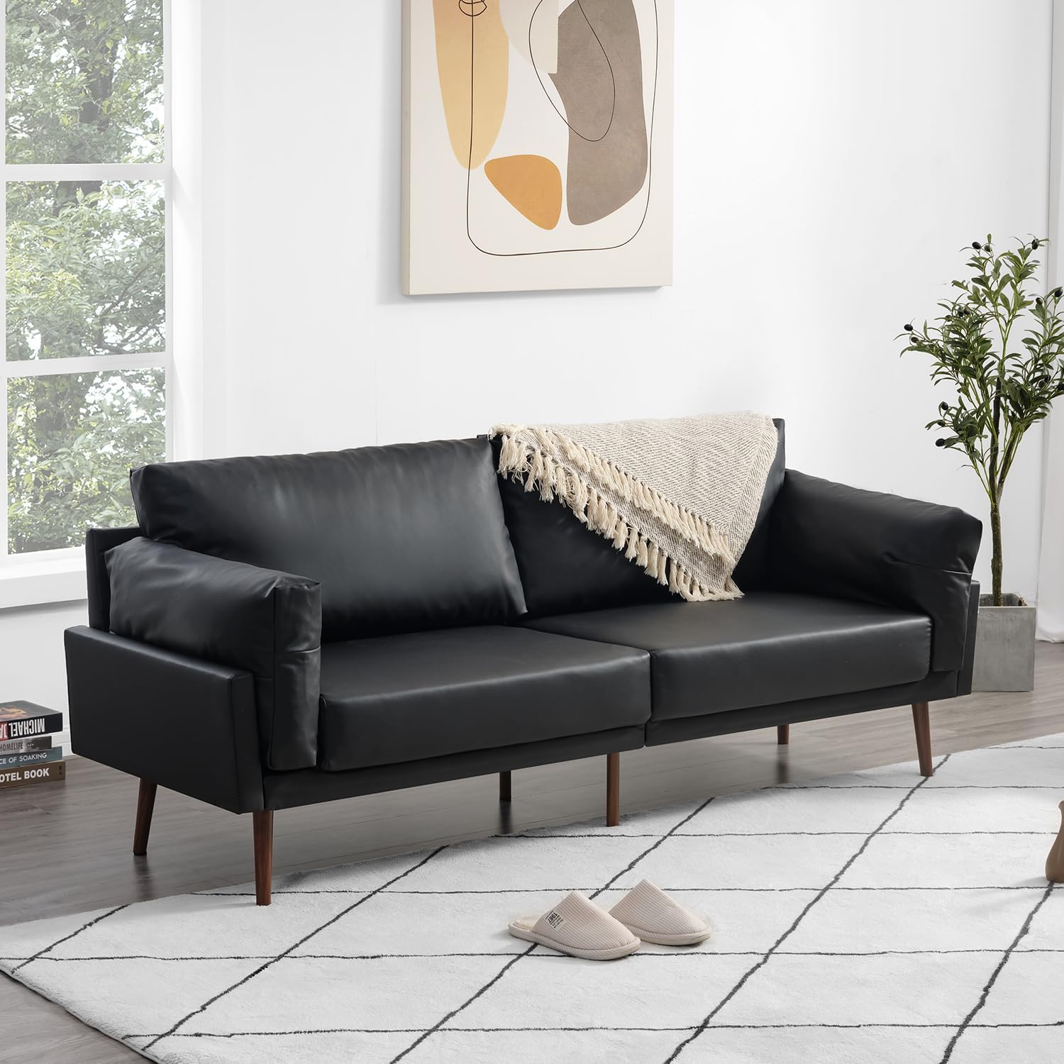 Black Color  3-Seater Modern Sofa Vonanda Faux Leather Couch