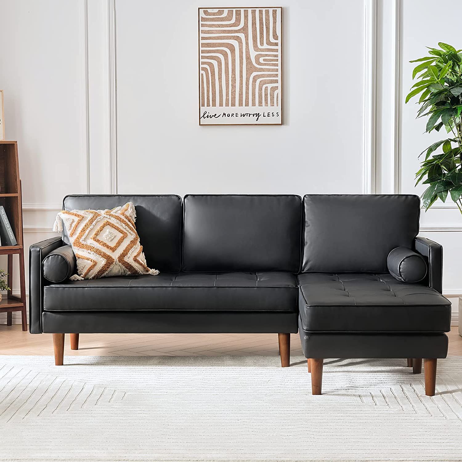 Mora Sofa Couch, Sectional Sofa Faux Leather Couch for Living Room and Small Space, L Shaped Couch with Reversible Chaise and Tufted Seat Cushion, Black