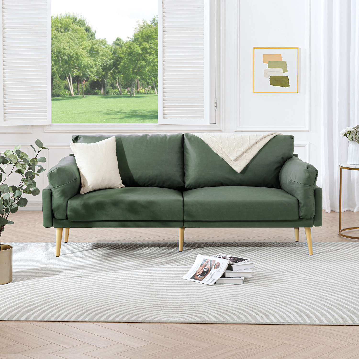 Velvet Sofa Couch,Modern Craftsmanship 3-Seater Sofa with Comfy Back pillows  and Storage bag for Compact Living Room,Apartment, Bedroom, Home  Office,Elegant Green 