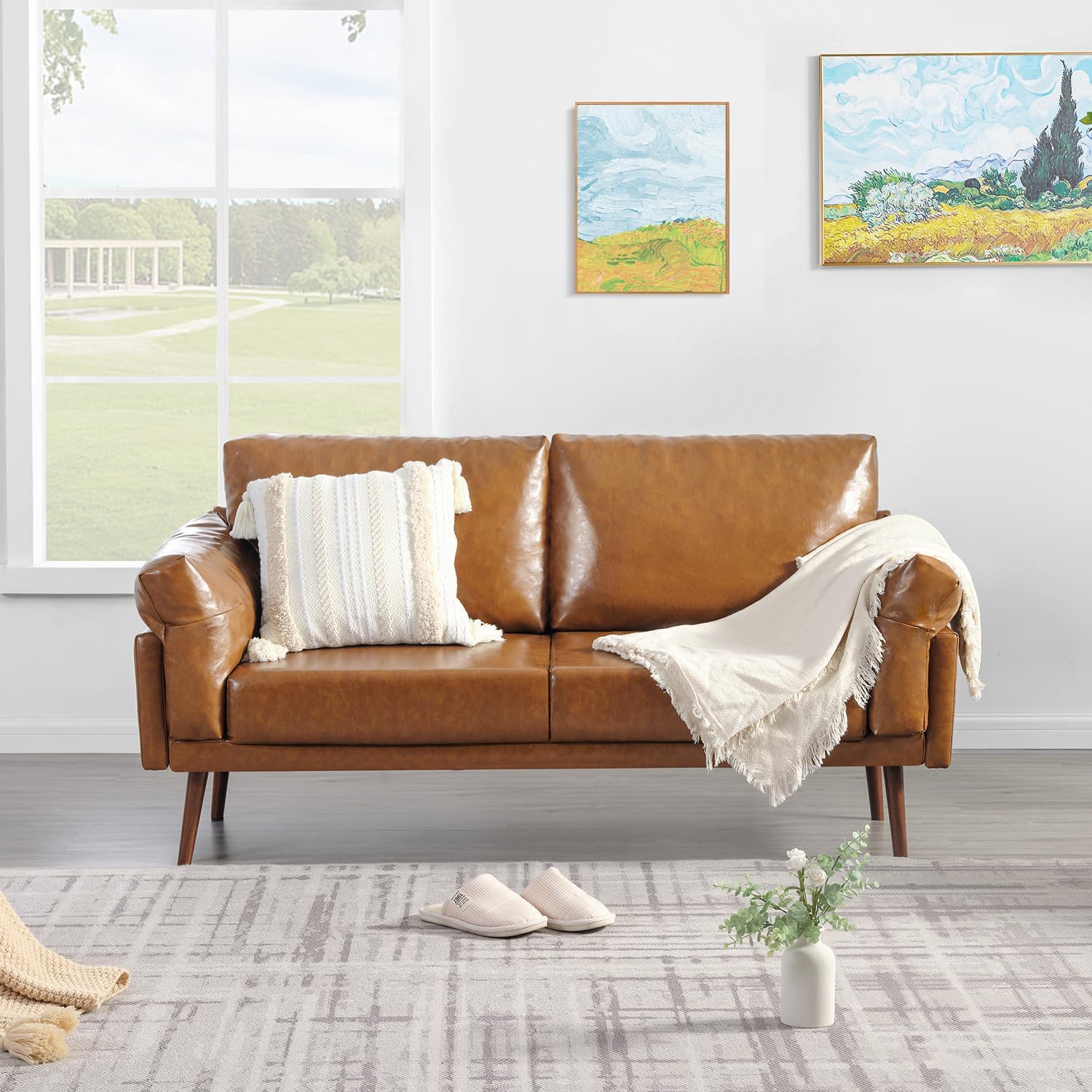 Caramel Color 2-Seater Modern Sofa Couch Vonanda Faux Leather Loveseat 
