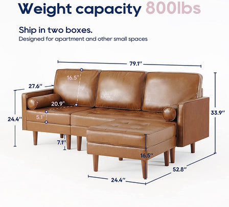 Vonanda Sofa Couch, Sectional Sofa Faux Leather Couch for Living Room and Small Space, L Shaped Couch with Reversible Chaise and Tufted Seat Cushion
