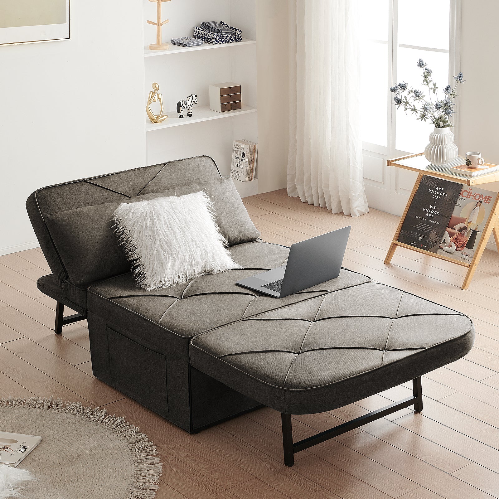 Evicka Curved Linen Guest Bed Dark Gray Sofa Bed Plus Convertible Chair with Lock-in Feature