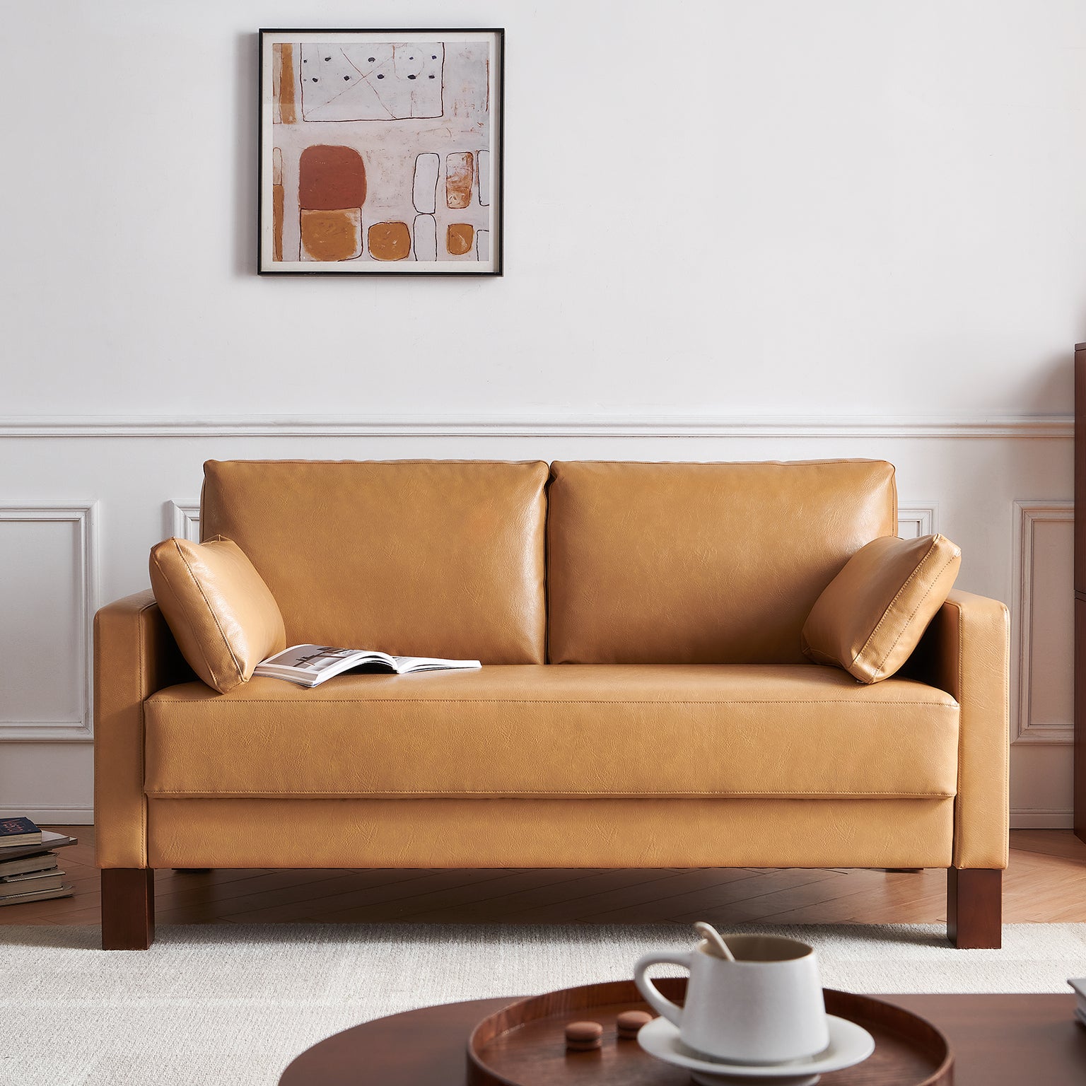 Serena Sofa, Classic Faux Leather Loveseat with Thick Cushion and wooden legs, Tan, 56'', 66'' or set