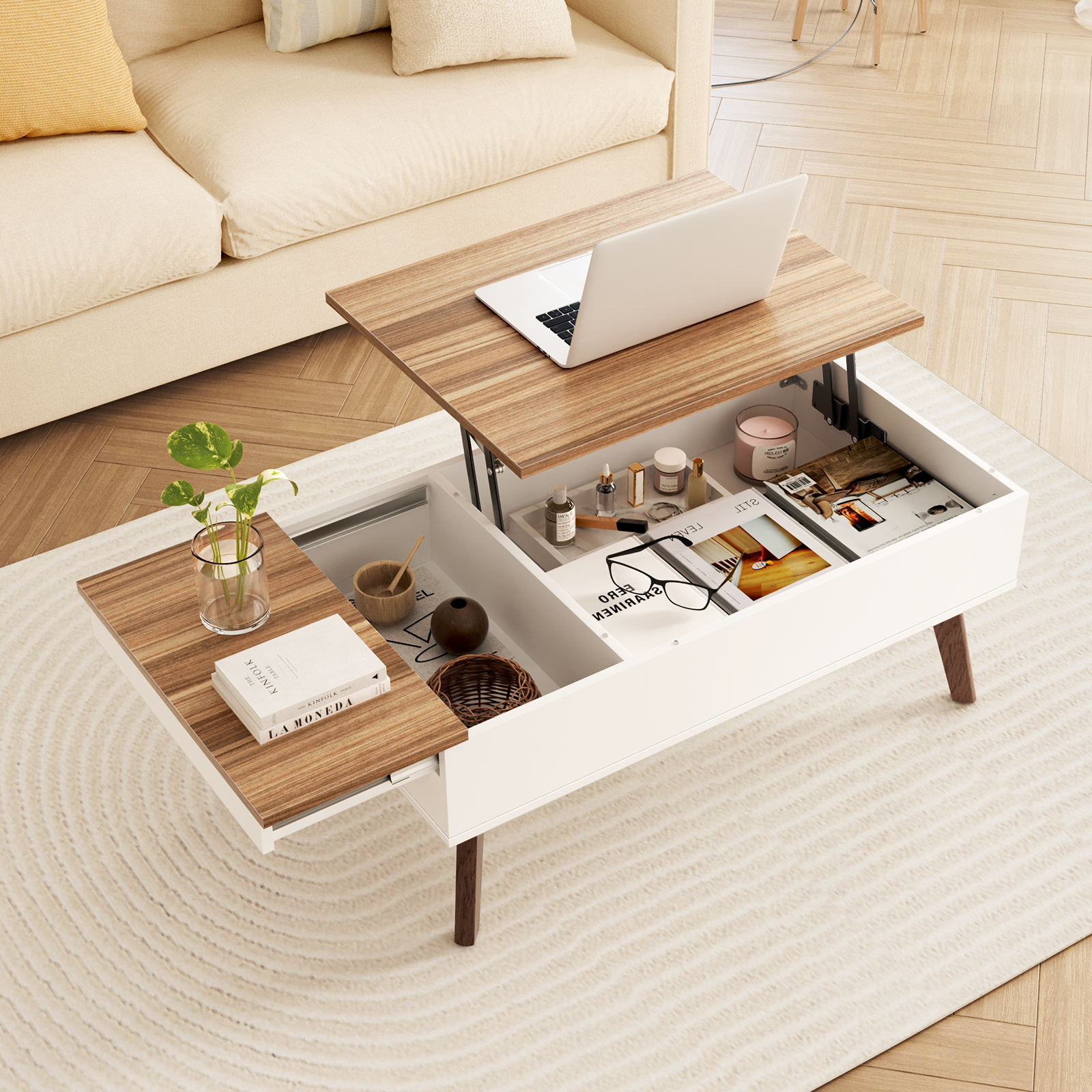 Bidiso Lift Top Coffee Table, Ten Minute Install Table Center with Hidden Storage Compartments, Rising Tabletop Dining for Living Room