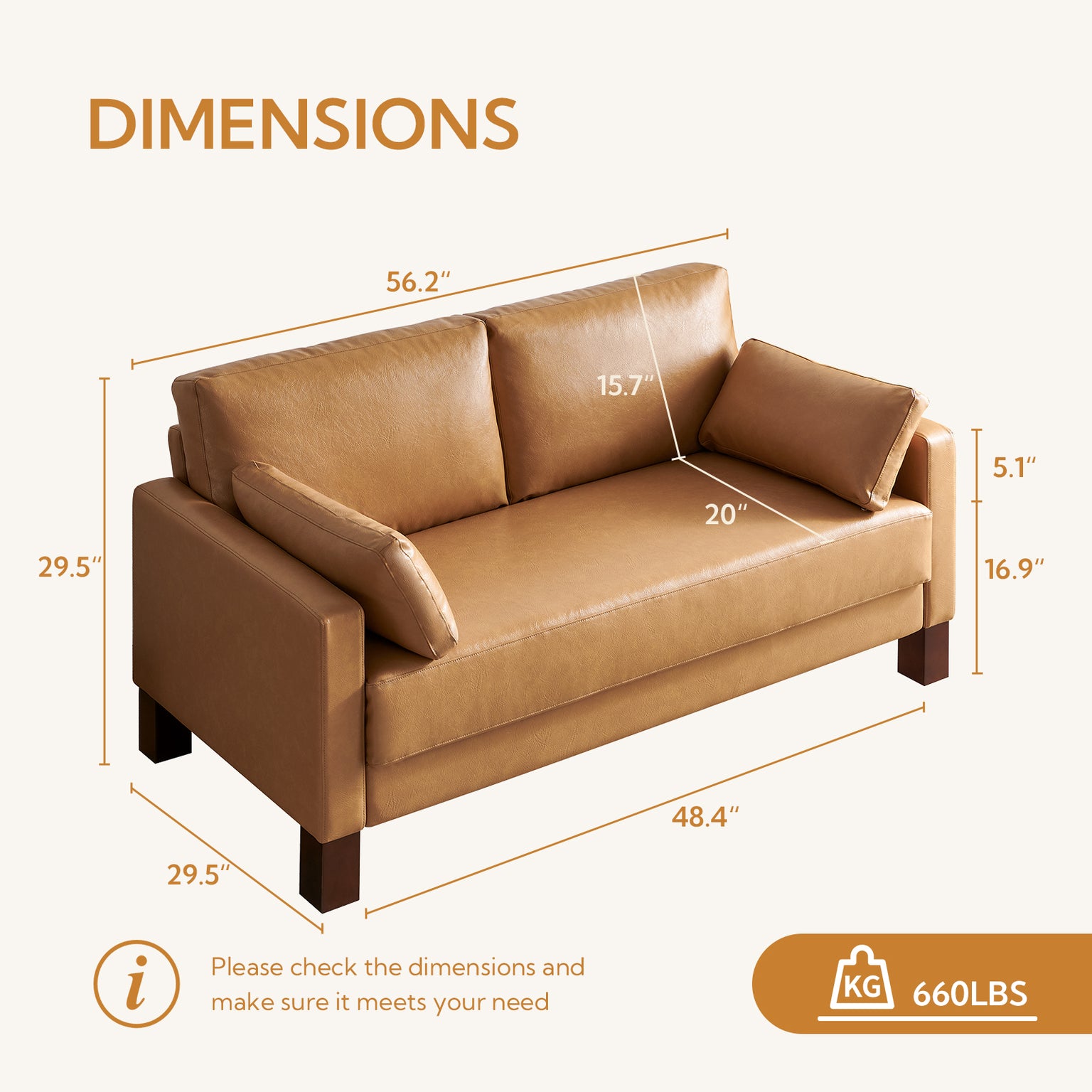 Serena Sofa, Classic Faux Leather Loveseat with Thick Cushion and wooden legs, Tan, 56'', 66'' or set