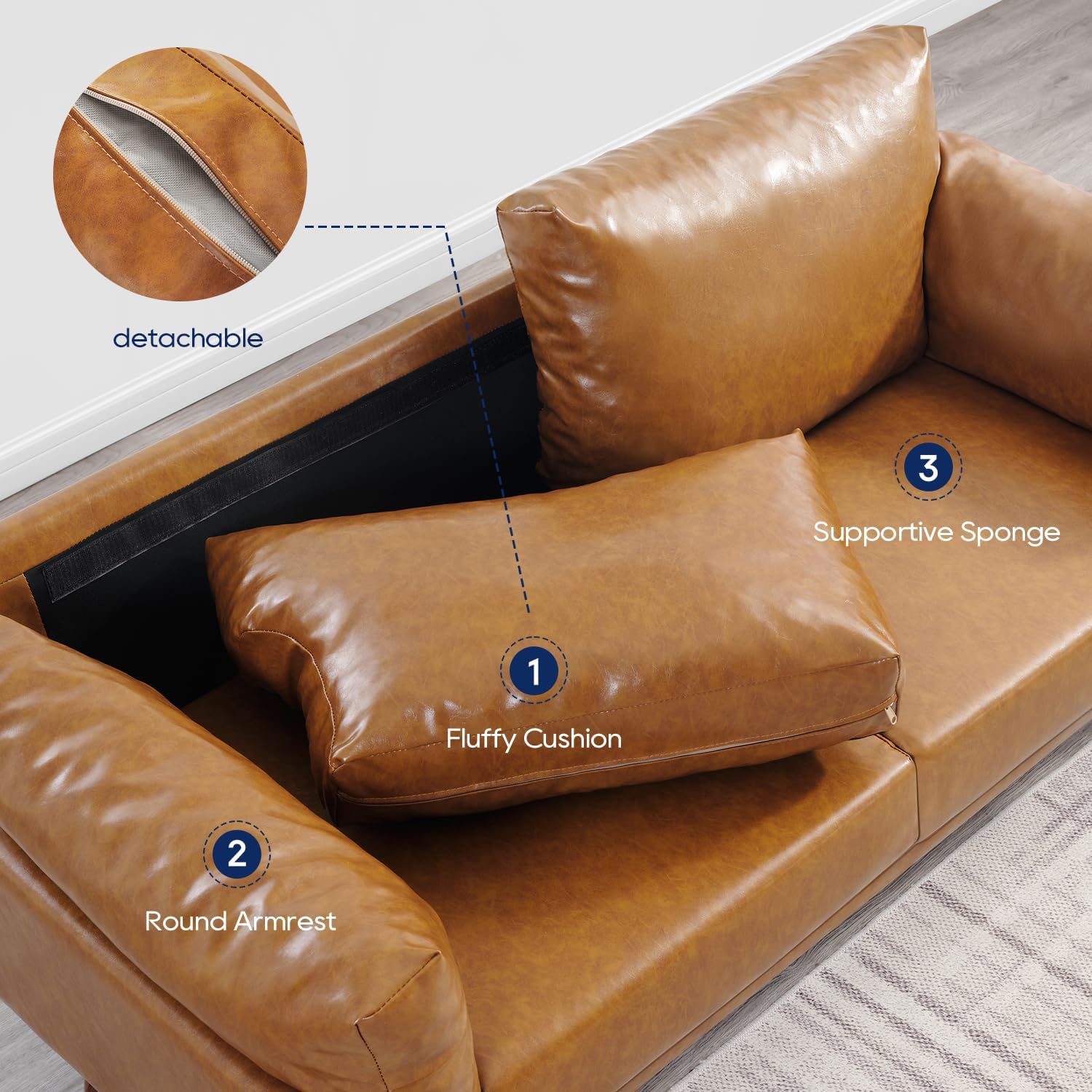 Caramel Color 2-Seater Modern Sofa Couch Vonanda Faux Leather Loveseat 