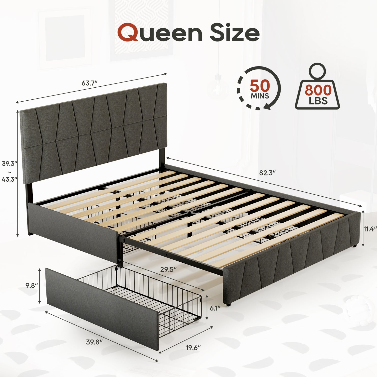 Upholstered Platform with Headboard and 4 Storage Drawers,Trapezoidal-Stitched Bed Base with Wooden Slates Support, No Box Spring Needed