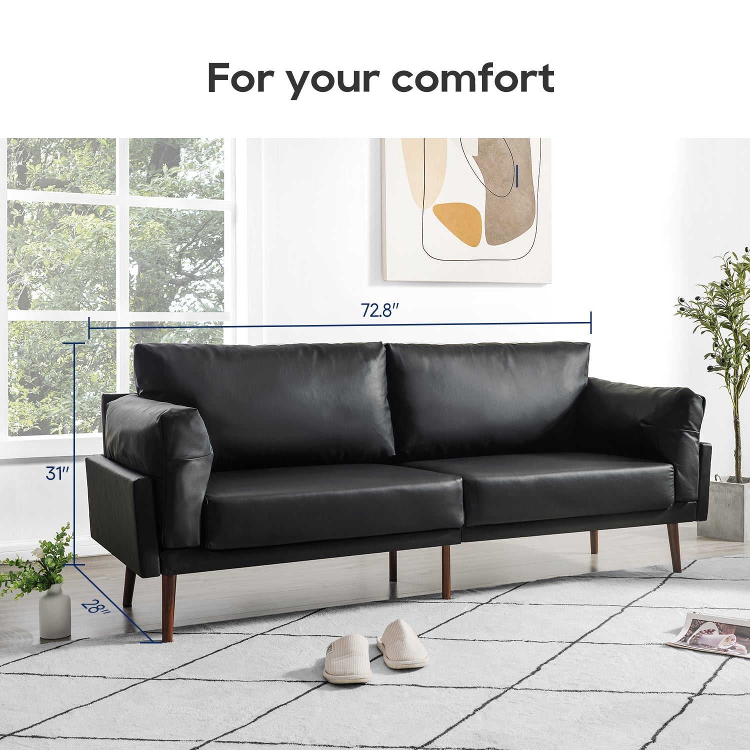 Flora Faux Leather 3-Seater Modern Sofa Couch Black Color