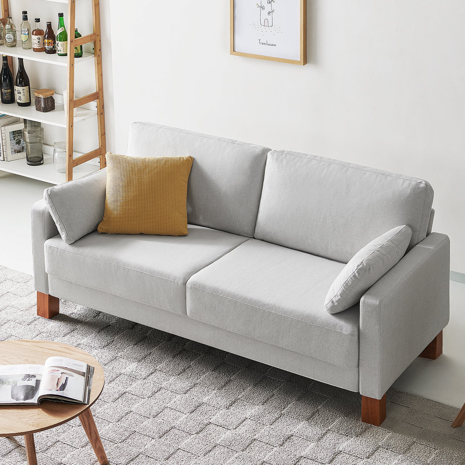 Serena Sofa, Classic Fabric Loveseat with Thick Cushion and Wooden Legs, White, 56'', 66'' or set