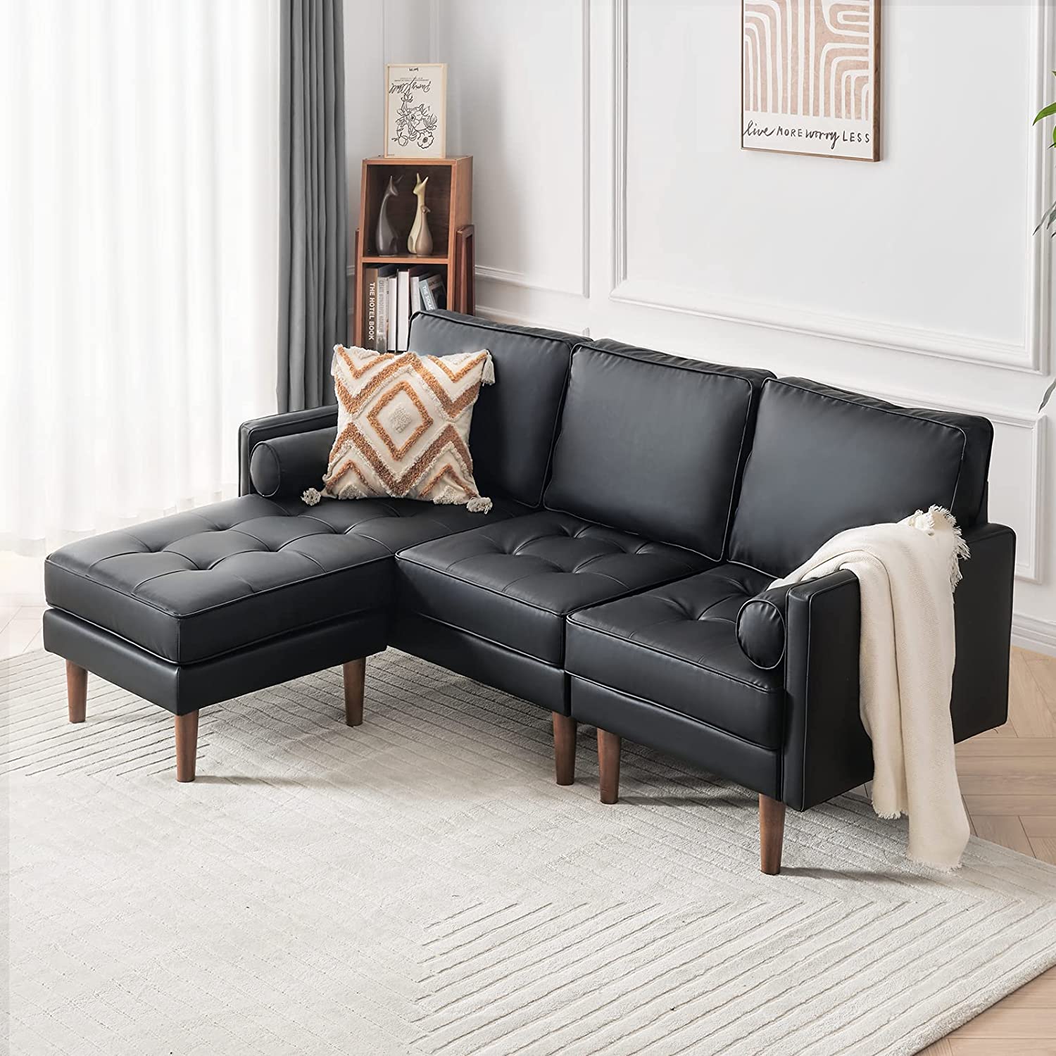 Mora Sofa Couch, Sectional Sofa Faux Leather Couch for Living Room and Small Space, L Shaped Couch with Reversible Chaise and Tufted Seat Cushion, Black
