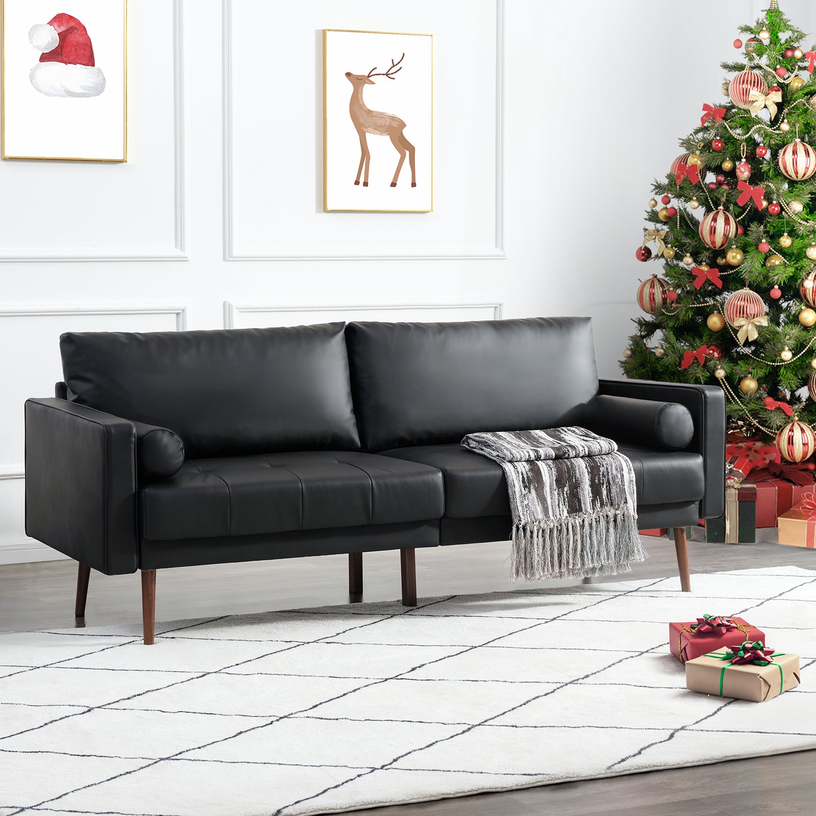 Nora Faux Leather Sofa Couch, Mid-Century 73 Inch Leather Couch with Hand-Stitched Comfort Cushion and Bolster Pillows