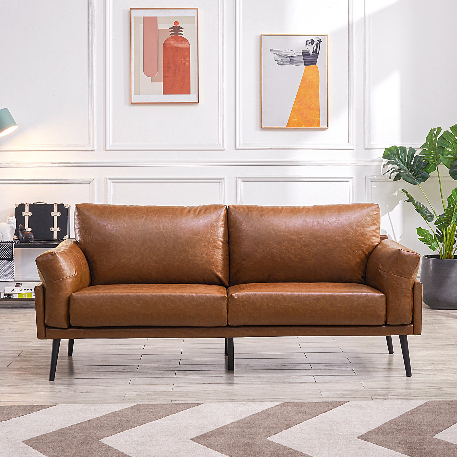 Flora Faux Leather Loveseat 3-Seater Modern Sofa Couch Caramel Color