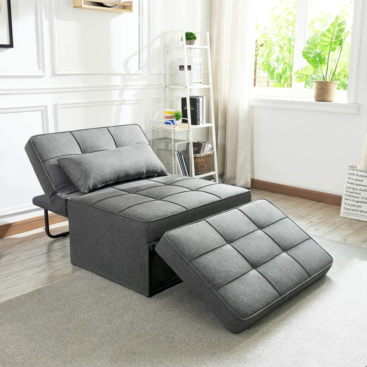 Evicka Sofa Bed, Convertible Chair 4 in 1 Multi-Function Folding Ottoman Modern Breathable Linen Guest Bed with Adjustable Sleeper