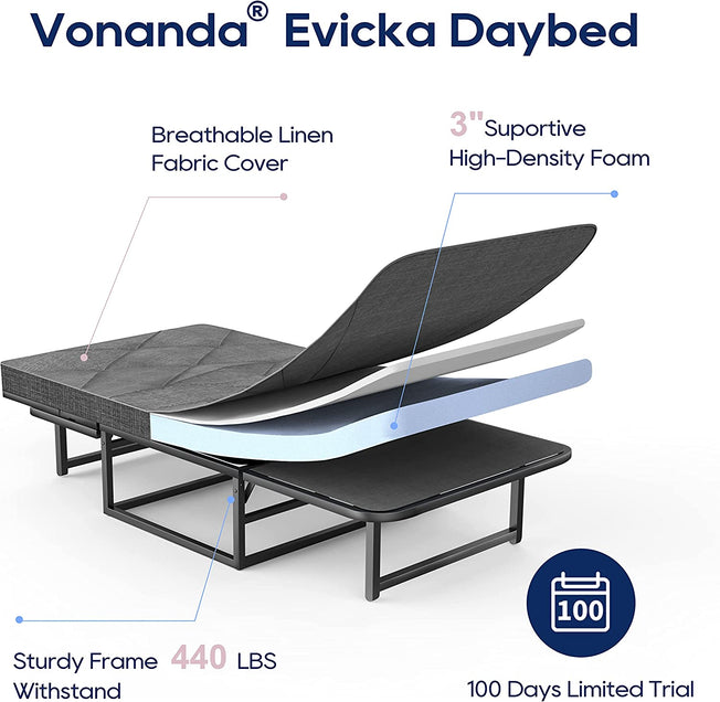 Vonanda Classic Curved Linen Guest Bed Dark Gray Sofa Bed Chair