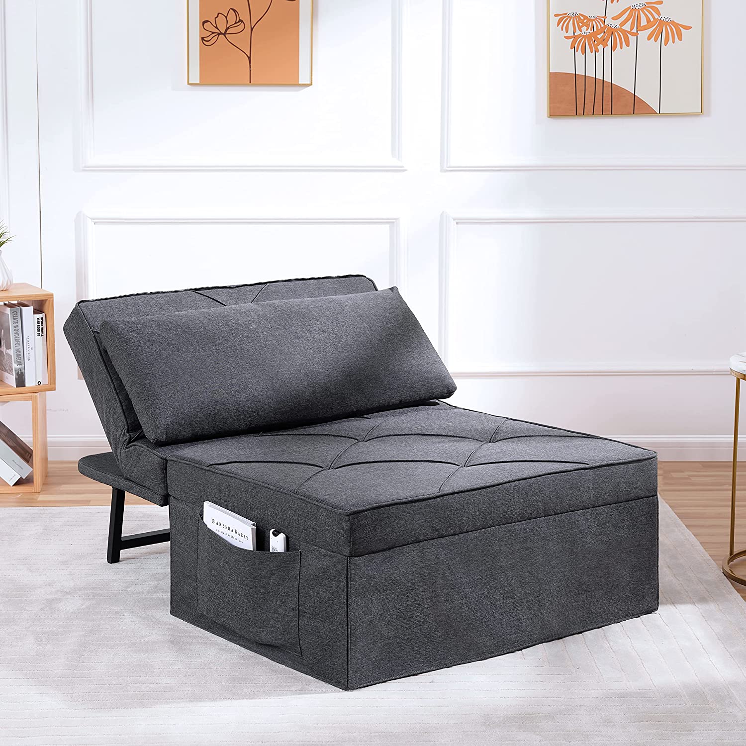 Vonanda Classic Curved Linen Guest Bed Dark Gray Sofa Bed Chair